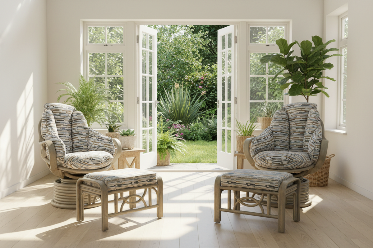 2 Premier Cane Grey Flat Arm Rocker Swivels with 2 Havana Footstools by Garden Doors