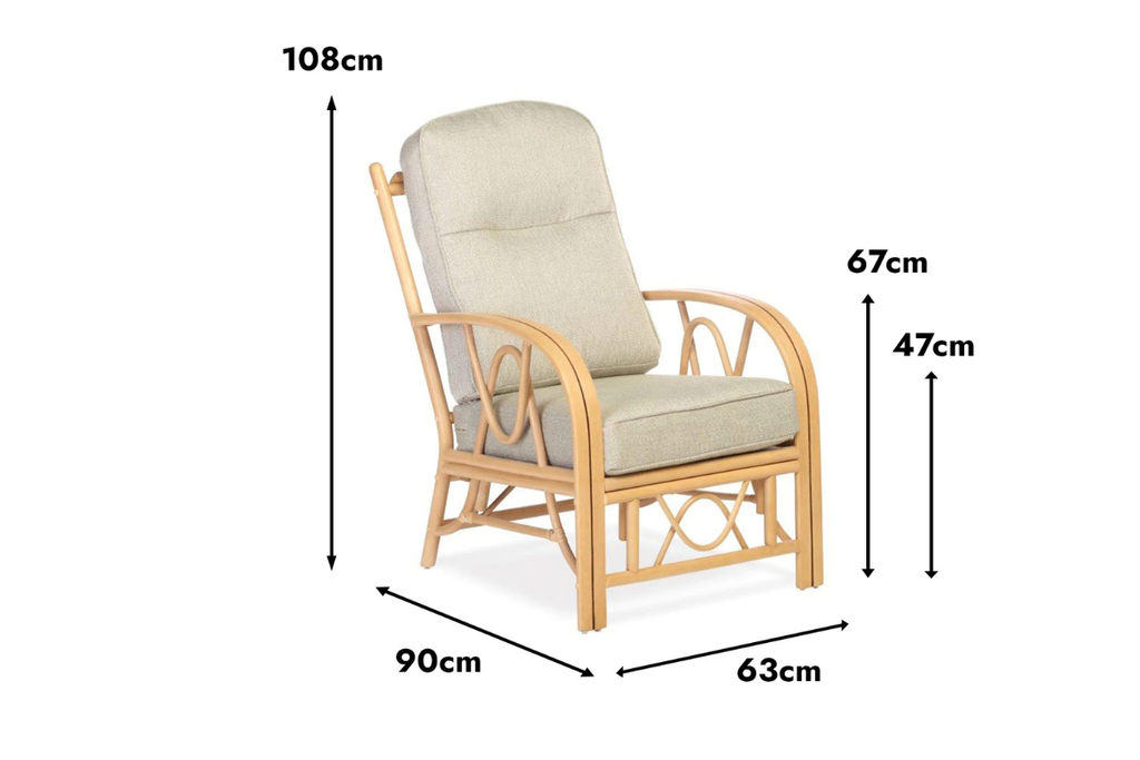 Beige armchair with dimensions labeled on a white background