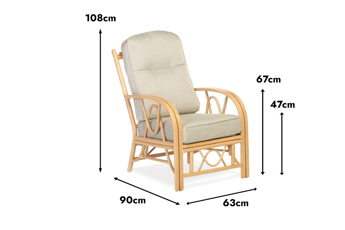 Beige armchair with dimensions labeled on a white background