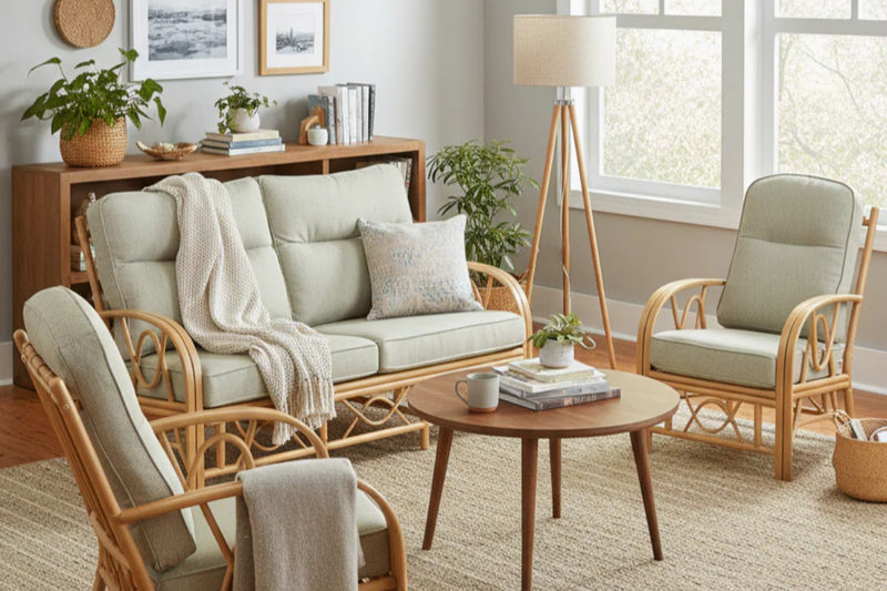 Living room with wicker furniture, a coffee table, and decorative items.