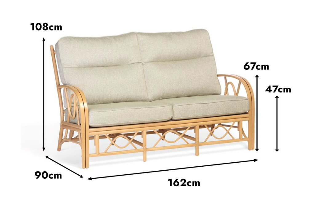 Wicker sofa with dimensions labeled on a white background