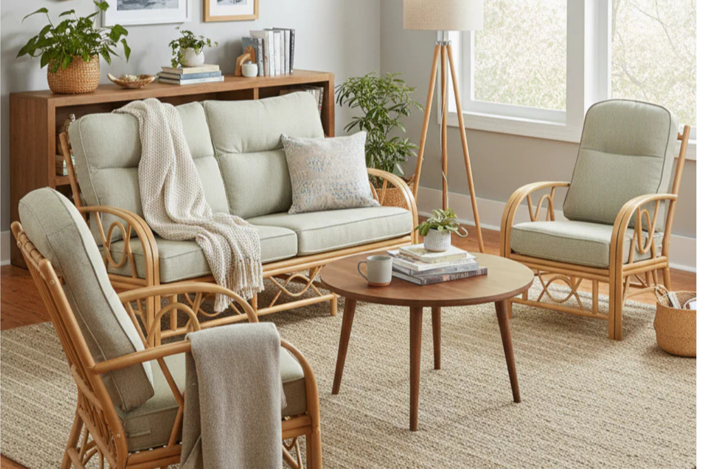 Living room with wicker furniture, beige sofa, and wooden coffee table.