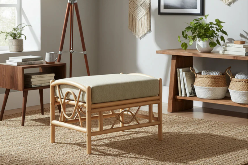Wooden ottoman with cushion in a room with furniture and decor