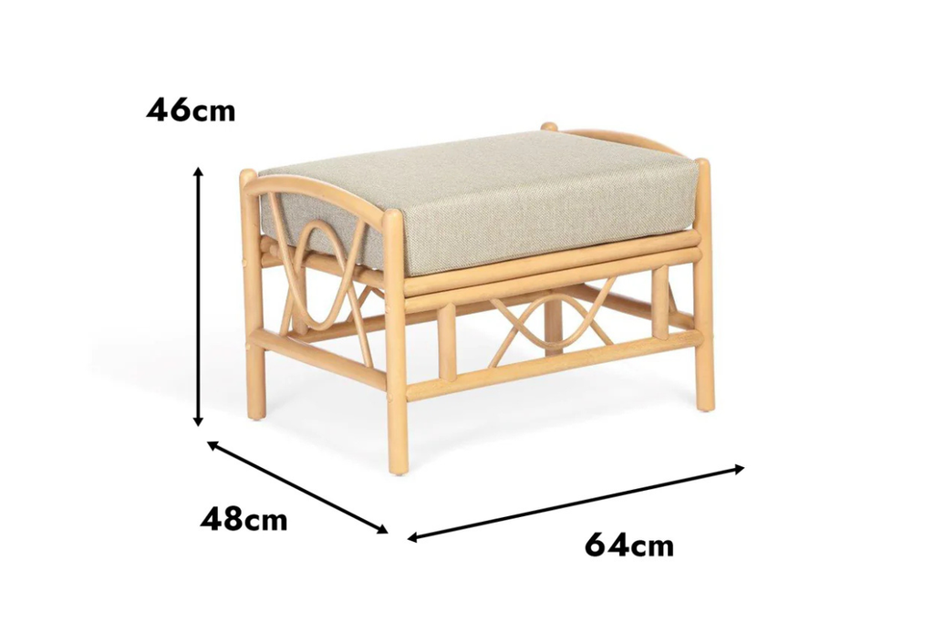Wicker bench with dimensions labeled on a white background