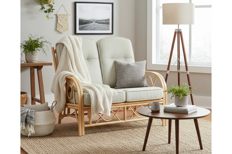 Rattan chair with cushions and a blanket in a cozy living room setting.