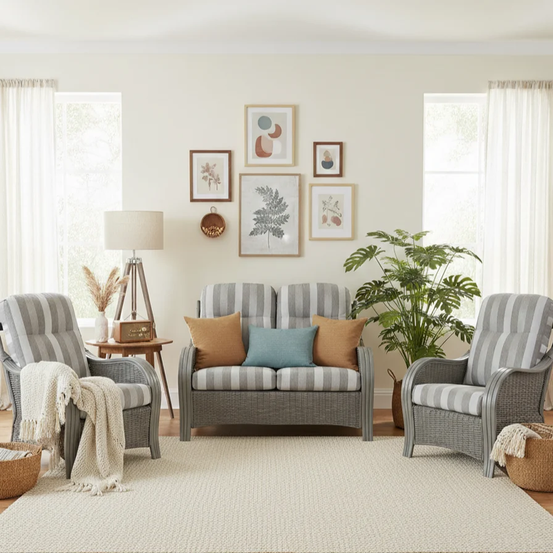 Grey cane sofa and two armchairs with grey striped cushions in a living room