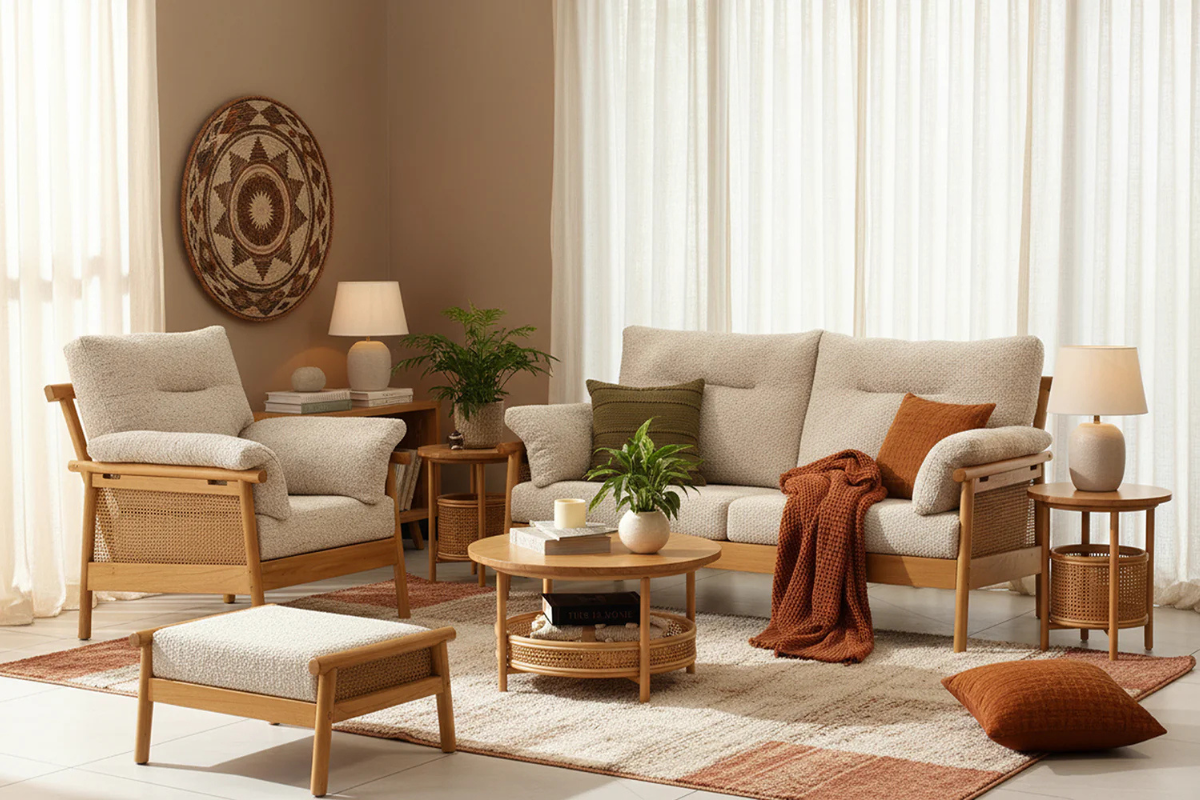 Cozy living room with beige sofa, armchair, and coffee table with decorative items.