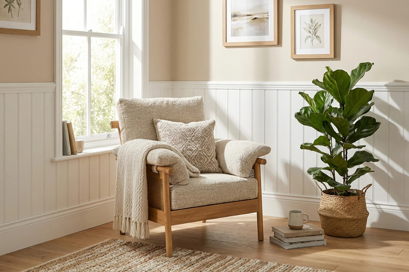 Cozy living room with a wooden armchair, cushions, and a potted plant.