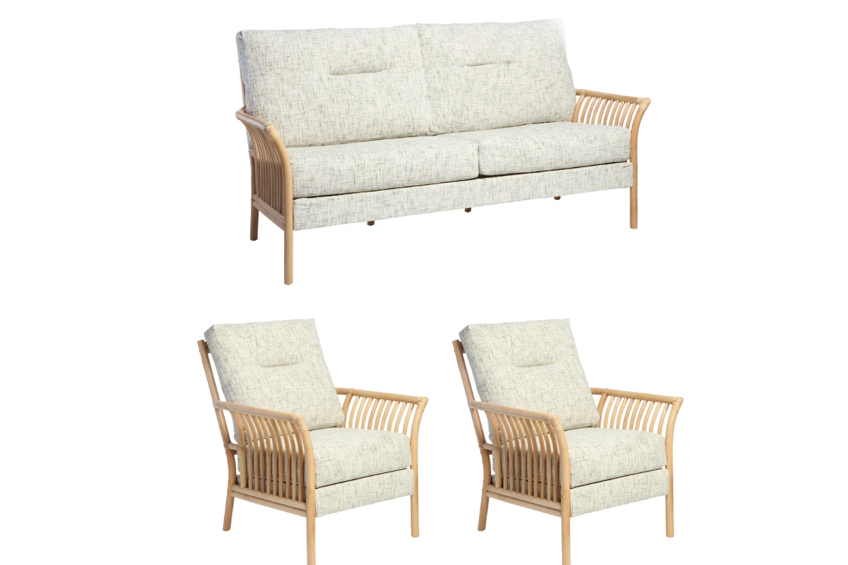Outdoor furniture set with a sofa and two armchairs on a white background