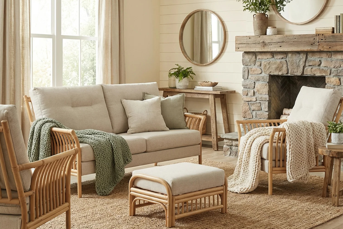 Cozy living room with beige sofa, wooden chairs, and a stone fireplace.
