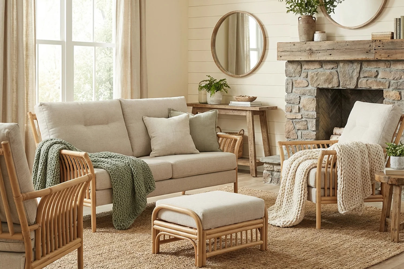 Cozy living room with beige sofa, wooden chairs, and a stone fireplace.