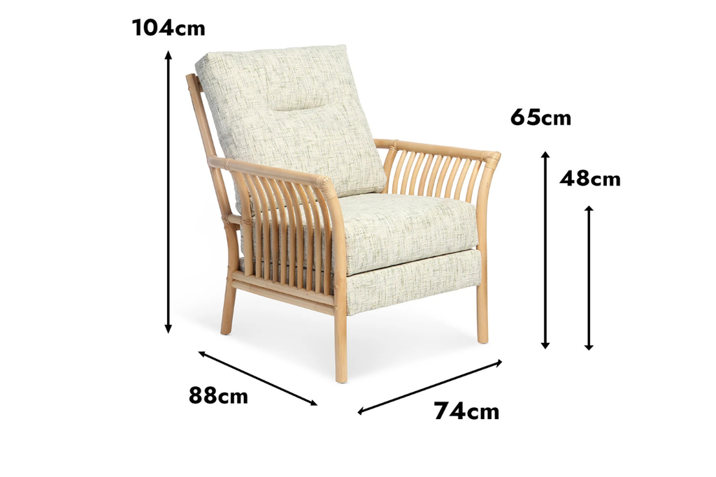 Dimensions of a wooden armchair with beige cushion on a white background