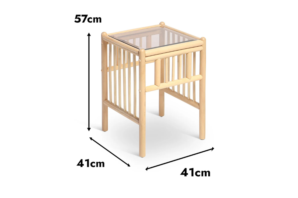 Small wooden table with dimensions labeled on a white background
