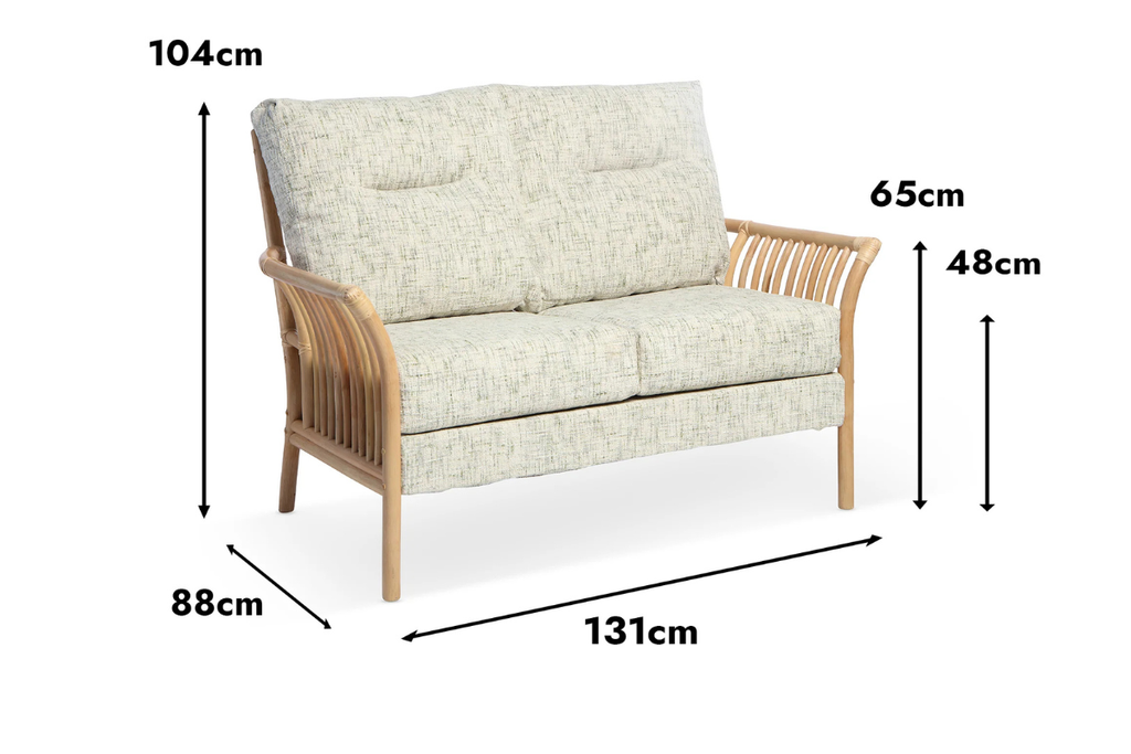 Wicker loveseat with dimensions labeled on a white background
