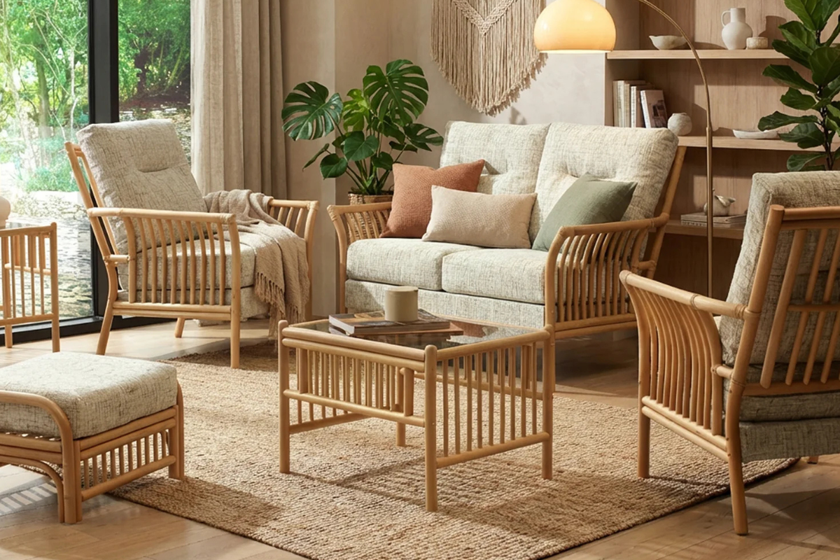 Living room with wicker furniture, a coffee table, and decorative items.
